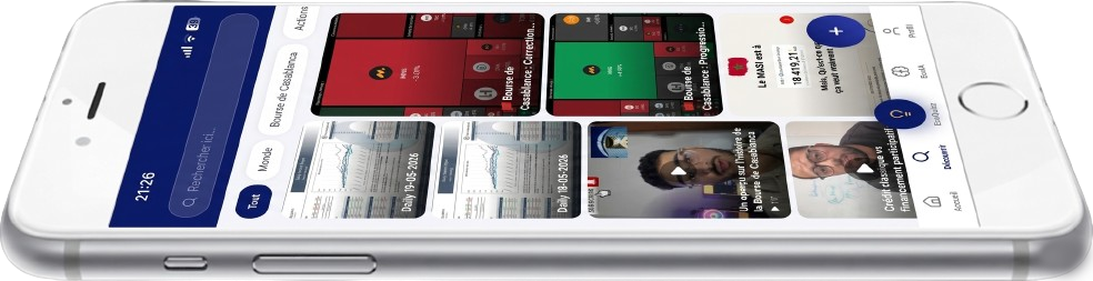 Vue horizontale de l’application montrant des contenus sur la Bourse de Casablanca